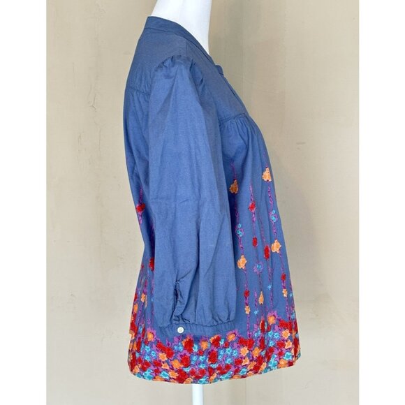 Old Navy Women's Blue Cotton Tunic Water Color Floral Print 3 Qtr Sleeve Sz Med - Picture 4 of 14